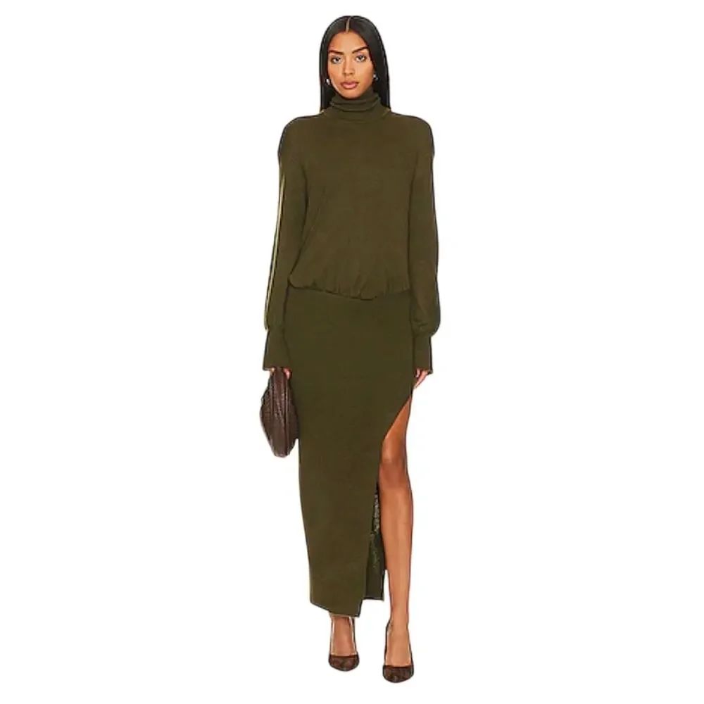 SER.O.YA Olive Green Diana Turtleneck High Slit Blouson Sweater Dress